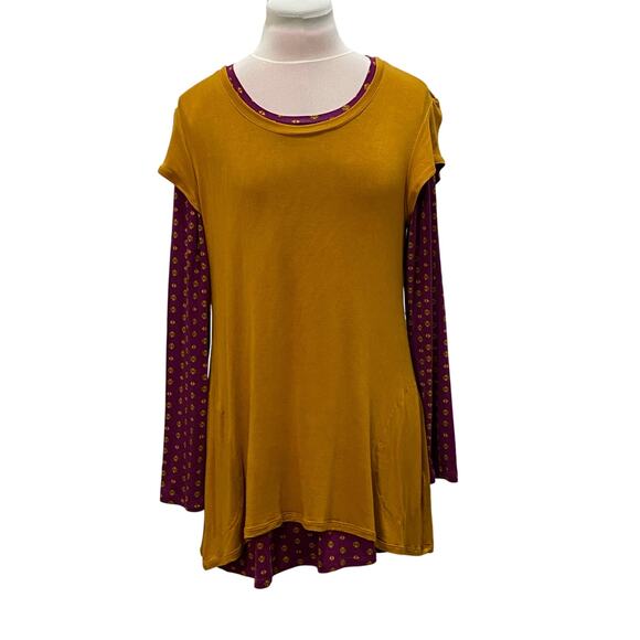 LOGO by Lori Goldstein Tops - LOGO Lori Goldstein 2pc Top Set Gold / Raspberry Print XSMALL Artsy Lagenlook